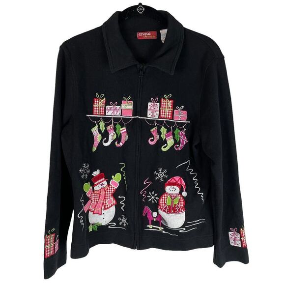 Vintage Christmas snowman gifts knit collared zip front cardigan sweater - Picture 1 of 10